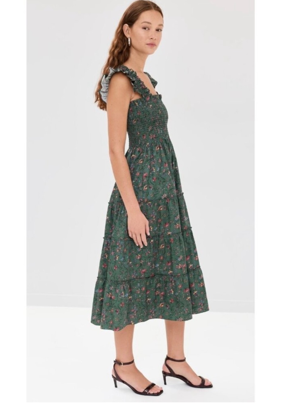 Hill House Ellie Nap in Fleur Chintz Bottle Green Smocked Midi Dress Size M - Picture 2 of 10